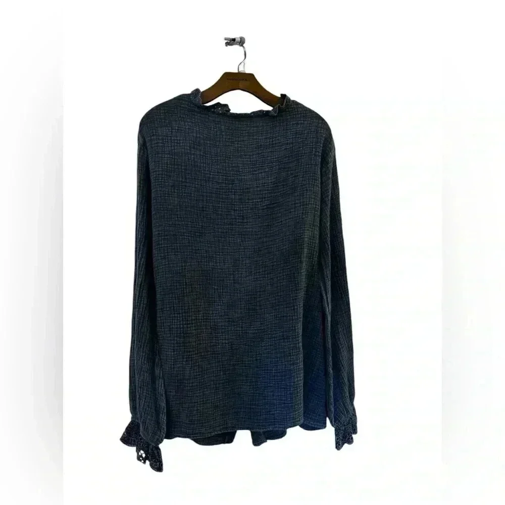 MAZIK Charcoal Gray Eyelet Ruffle Button Down Long Sleeve Tunic Shirt